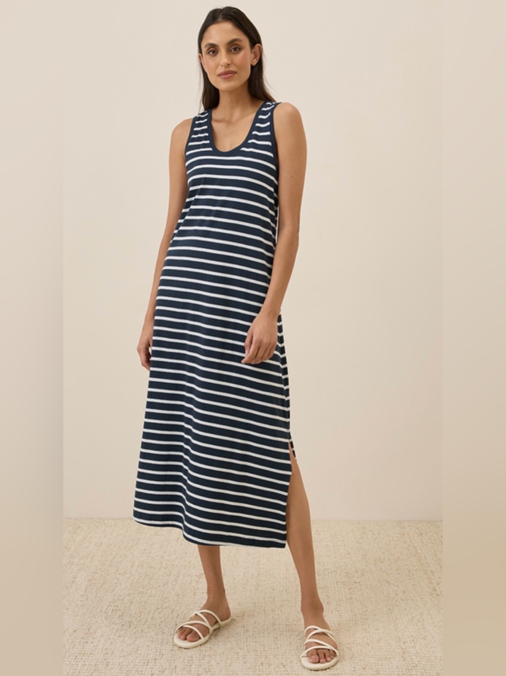 Pact Women's Monterey Stripe Softspun Tank Midi Dress, Size Medium, Blue & White